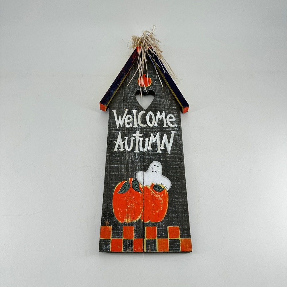 Welcome Autumn Wooden Sign Ghost Pumpkin Rustic Fall Halloween Wall Decor